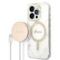 Oryginalne Etui IPHONE 14 PRO Guess Hardcase Marble MagSafe + Wireless Charger (GUBPP14MHMEACSH) białe
