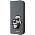 Oryginalne Etui IPHONE 14 Karl Lagerfeld Bookcase Saffiano Karl & Choupette (KLBKP14SSANKCPG) srebrne