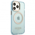 Oryginalne Etui IPHONE 13 PRO MAX Guess Hard Case Gold Outline Translucent MagSafe (GUHMP13XHTCMB) niebieskie